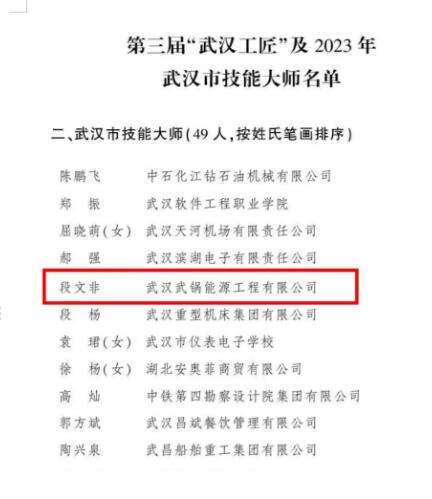 武鍋能源閥門(mén)公司段文非榮獲“武漢市技能大師”稱(chēng)號(hào) 武鍋能源閥門(mén)公司段文非榮獲“武漢市技能大師”稱(chēng)號(hào)